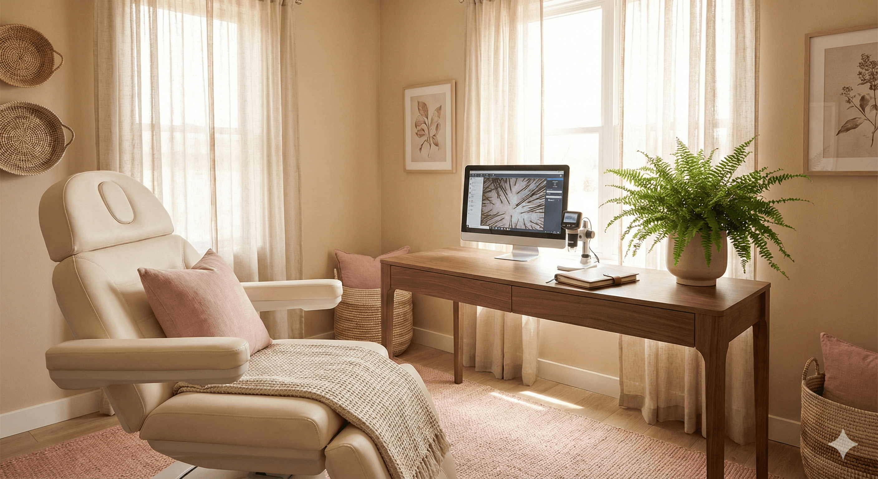 Trichologist reviewing scalp diagnostics with a client in a calm studio.